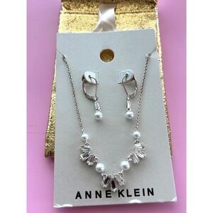 Anne Klein Pearl Crystal Baguette Silver Necklace & Earring Set New